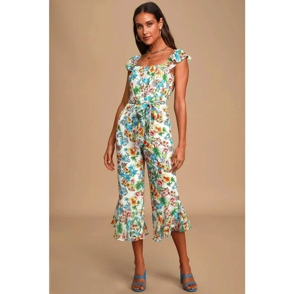 Ali & Jay The Avalon White Floral Print Ruffled Culotte Jumpsuit